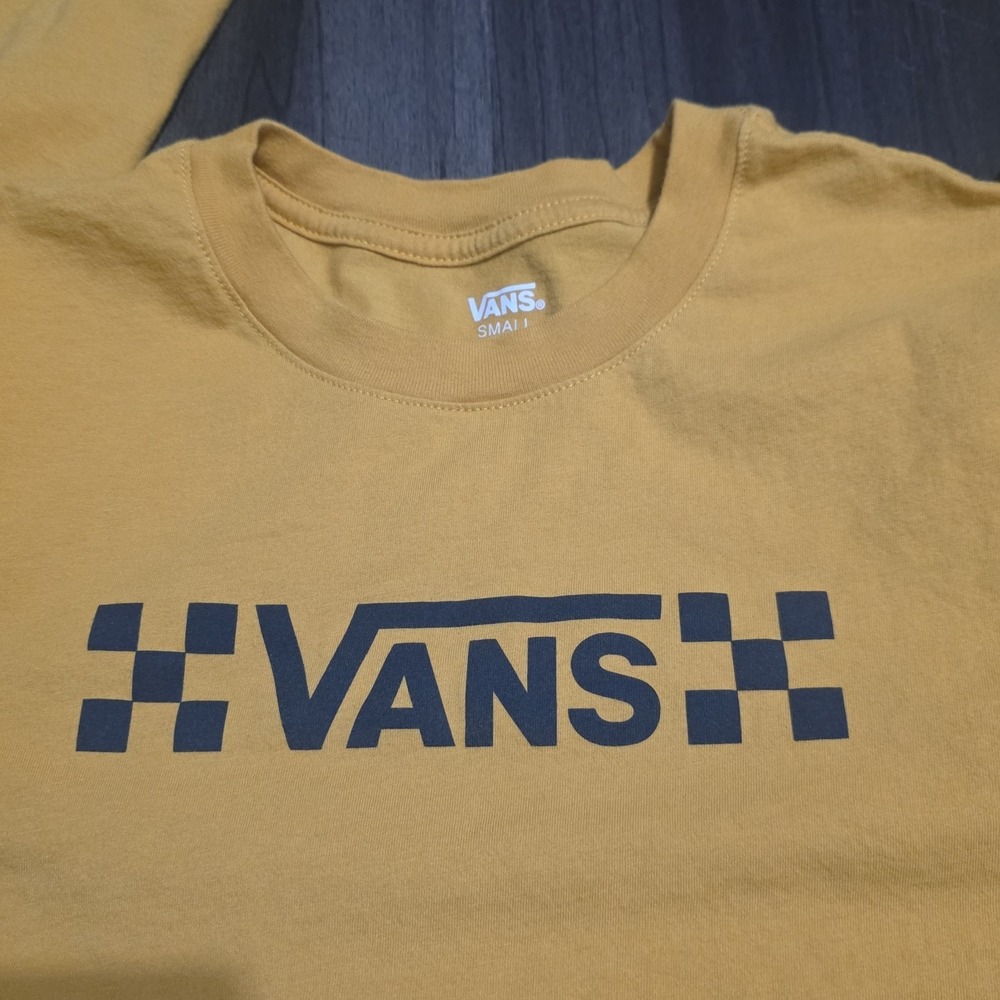 Vans Women Small Cropped Long Sleeve T-Shirt Yellow Black Checkerboard Logo Crop